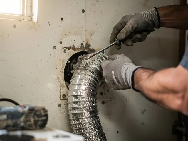 West Puente Valley Dryer Vent Cleaning technician performing precise dryer vent hose installation in West Puente Valley